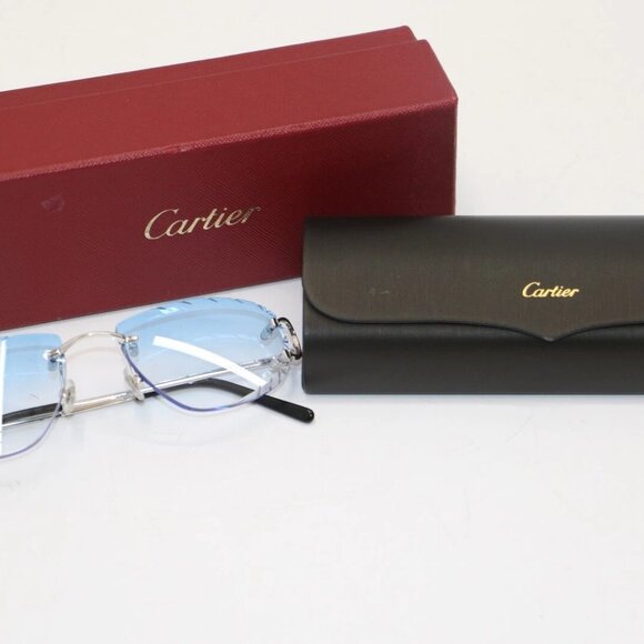 Cartier CT00920 002 Diamond Cut Silver-Framed Blue Lens Sunglasses 19 - Picture 1 of 15